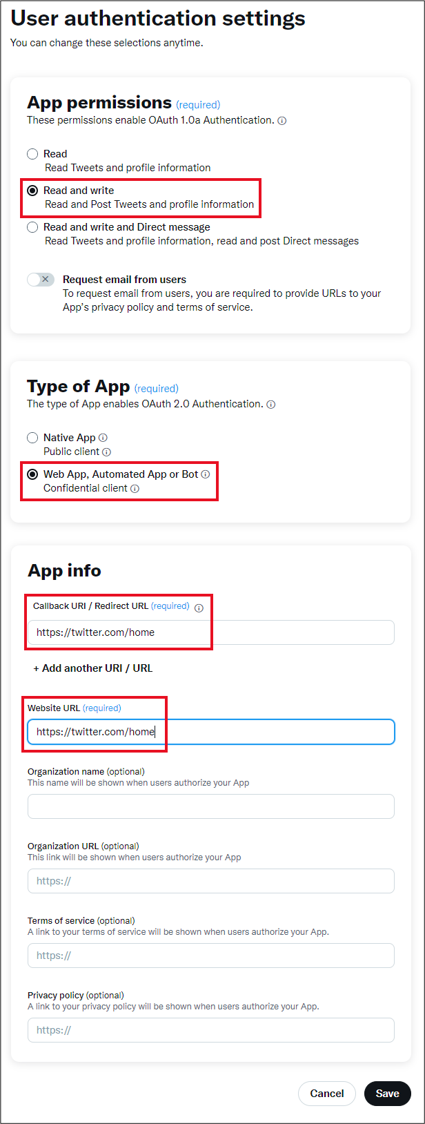 Twitter User authentication settings